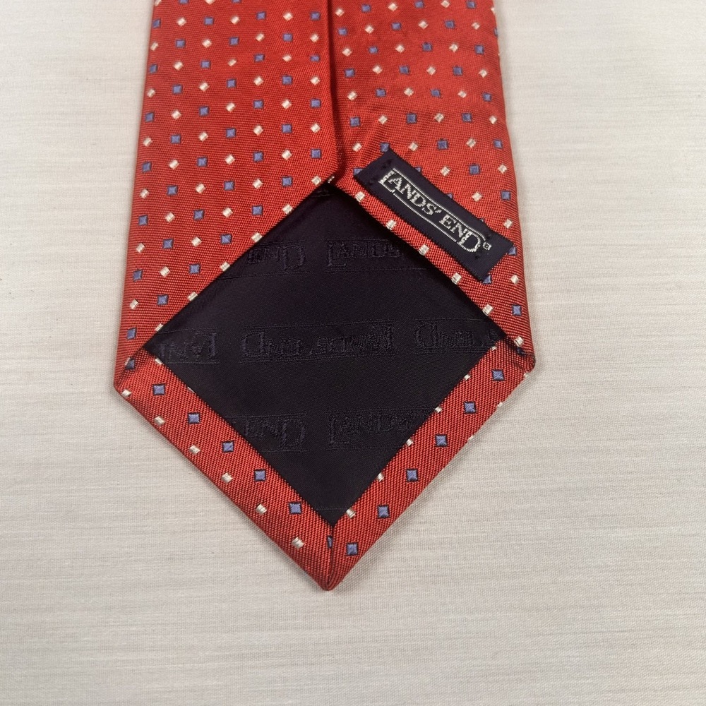 Land's End Men Salmon Yellow Blue Mini Squares 100% Silk Made in USA Tie NWoT - Picture 2 of 5